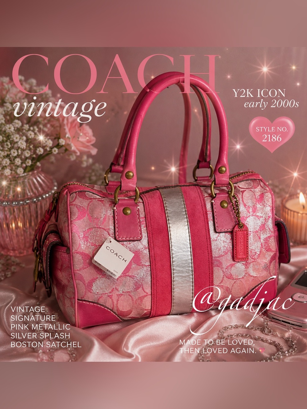 Coach Y2K Signature Pink Metallic Silver Splash Boston Bag | Original Tag